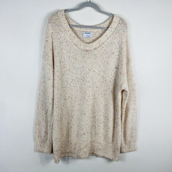 Old Navy Size XL Oversized Voop-Neck Cotton Stretch Tunic Sweater Cream Confetti - Picture 2 of 5